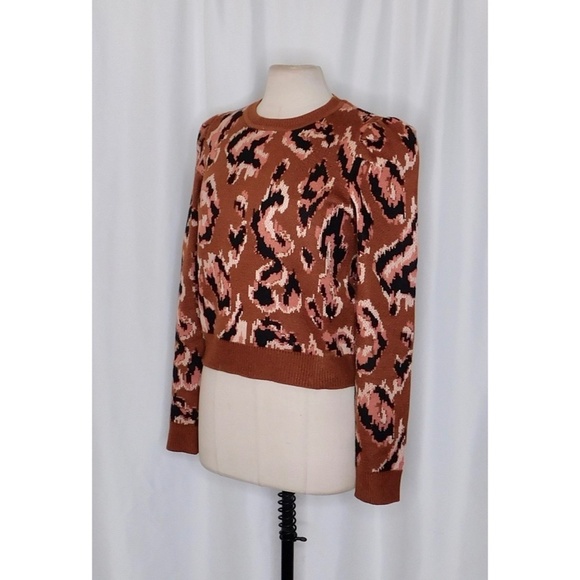 DEREK LAM Collective Brown Animal Print Sweater Leopard Puff Sleeves Large - Picture 7 of 15